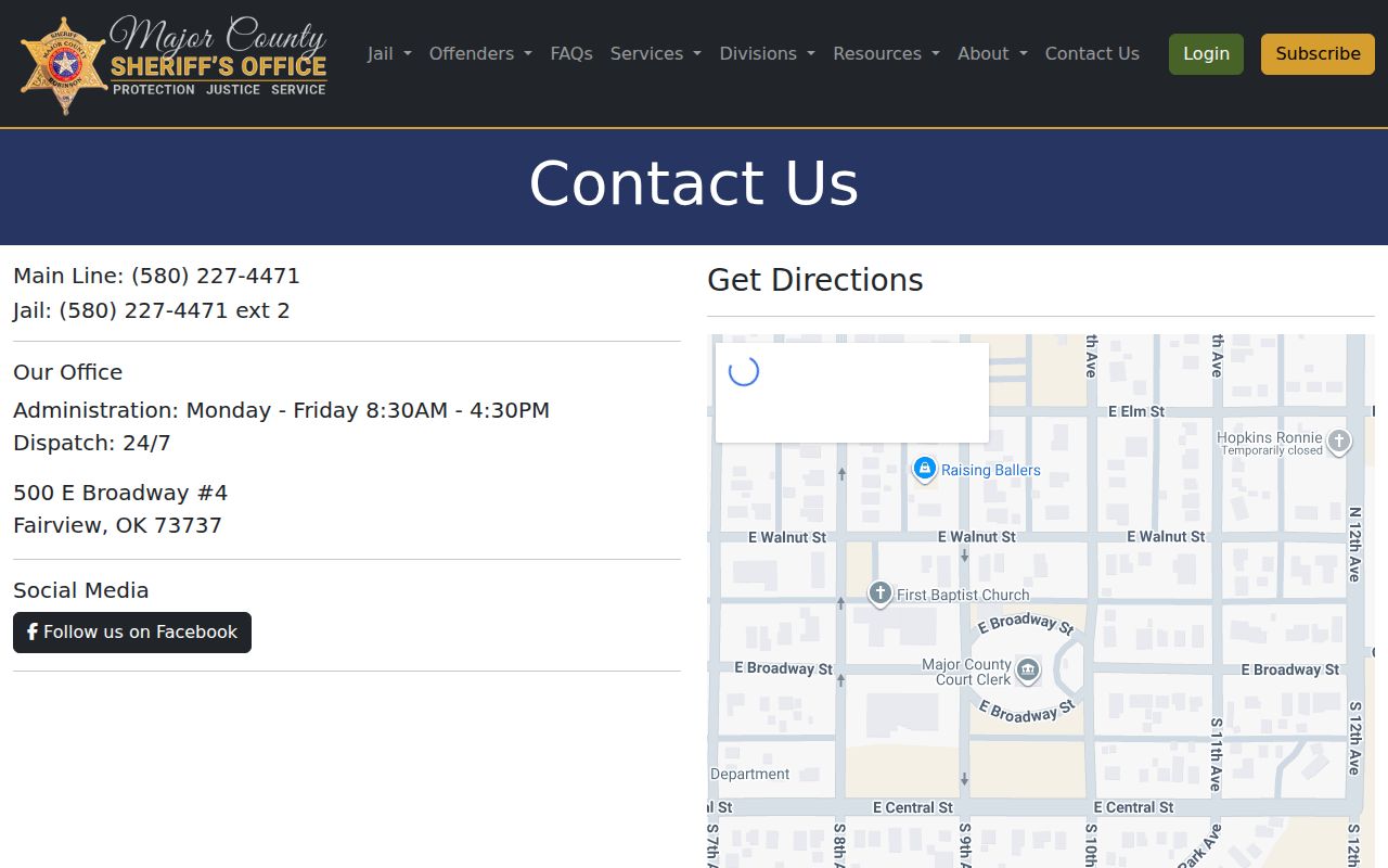 Major County Sheriff's contact office for warrant records