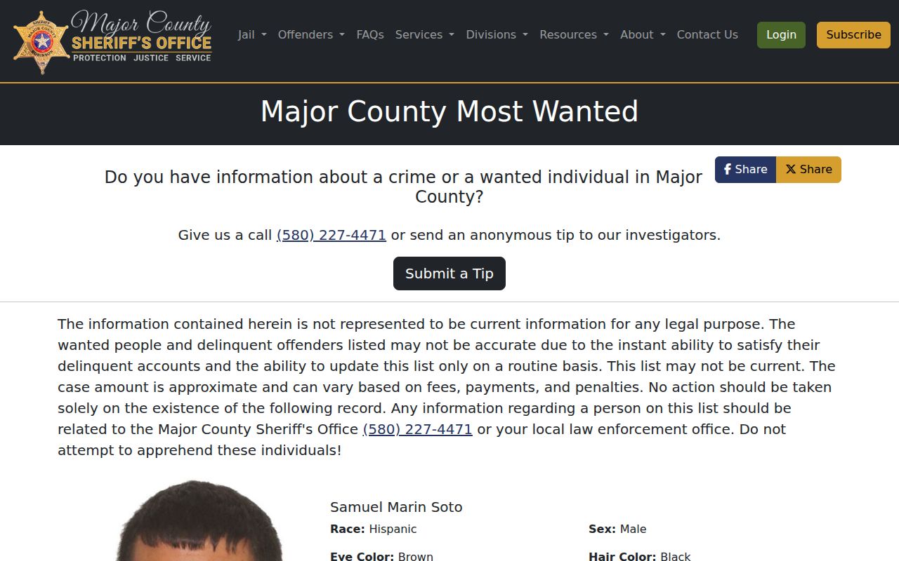 Major County active warrant records Most Wanted search interface