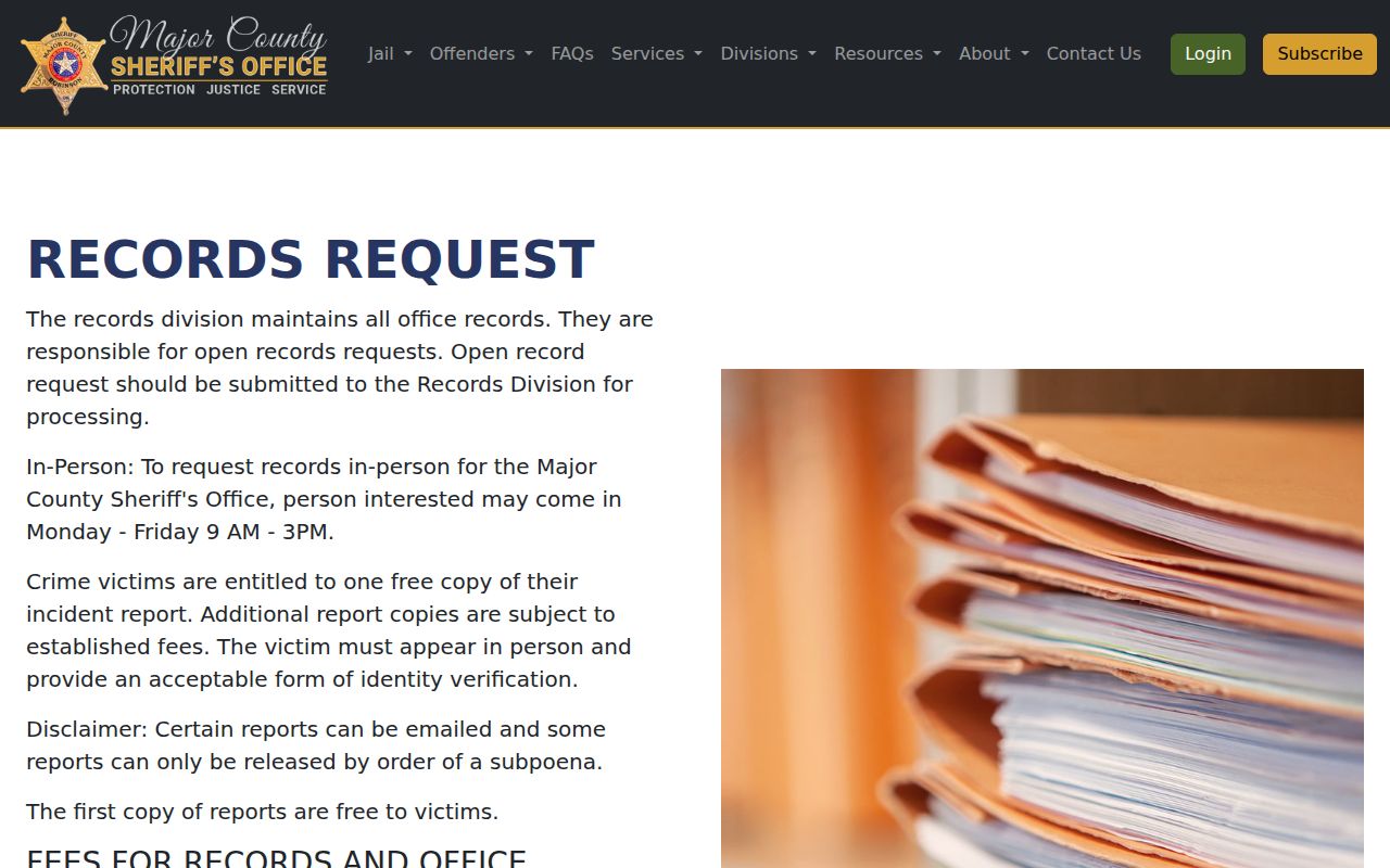 Major County warrant records Sheriff Records Division information