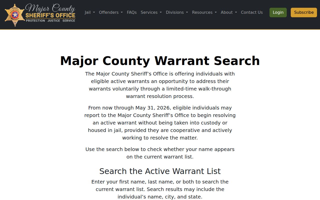 Major County warrant records Sheriff search interface
